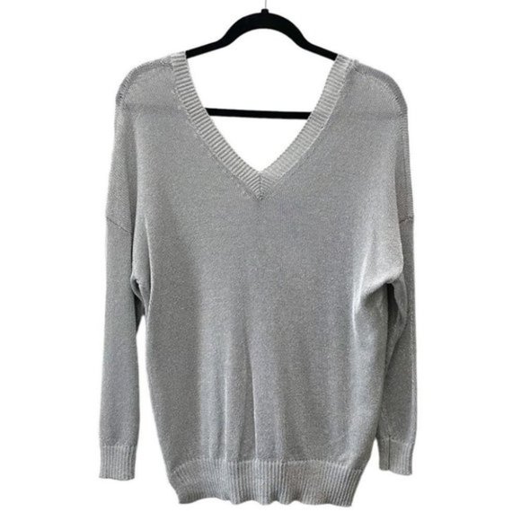 Topshop Sweater Draped Fit Double V Neck Silver Metallic Pullover Small NWT - Picture 3 of 10